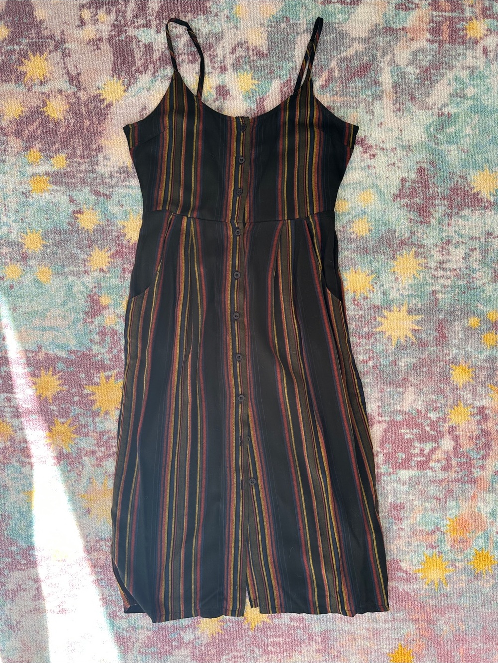 RVCA Black Button Down Midi Dress with Multicolor Vertical Stripes